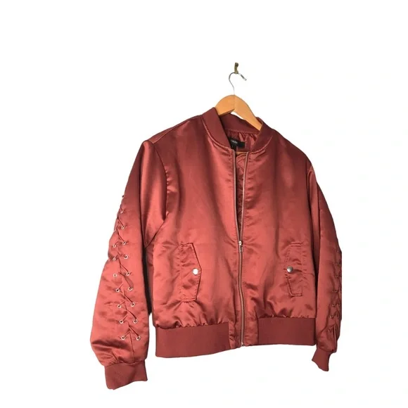 Forever 21 | Maroon satin bomber jacket lace up sleeves and back statement coat - Picture 10 of 11